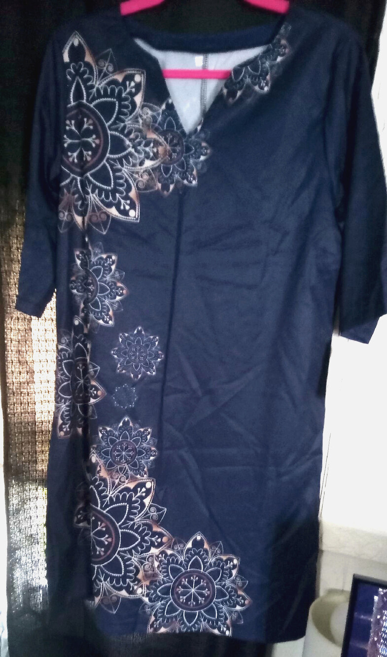 Bellago Fashions Floral Mandala Tunic Dress Navy Blue V Neck Size L...B8